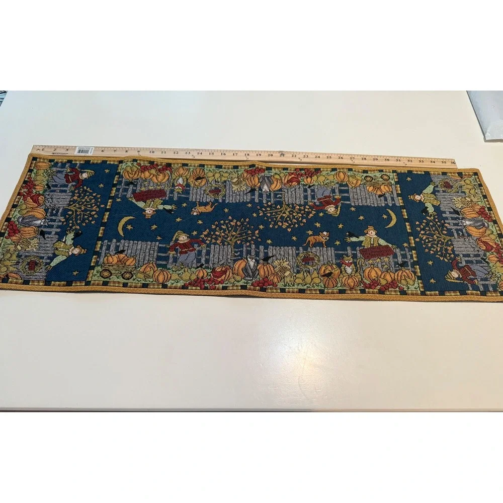 Vintage Fall Harvest Tapestry Table Runner Scarecrow Pumpkin Navy Blue 38 Inch